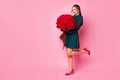 Full size photo of attractive lady model holding large one hundred roses bunch smelling amazing aroma wear green vogue Royalty Free Stock Photo