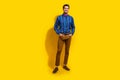 Full size photo of confident hadnsome guy dressed striped shirt brown trousers keep arms in pockets isolated on yellow