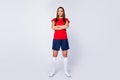 Full size photo of confident strict football captain girl cross hands ready win world final competition wear red t-shirt