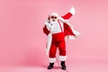 Full size photo of crazy funky grey beard fat santa claus sing song mic on x-mas christmas eve jolly newyear party wear Royalty Free Stock Photo