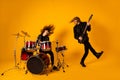 Full size photo of crazy funny two people famous punk youth artist man play bass guitar girl drum drumstick enjoy rhythm