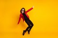 Full size photo of crazy girl dance stand boots wear good look clothes isolated over bright color background Royalty Free Stock Photo