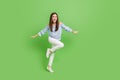 Full size photo of cute adorable girl having fun dancing wear cute naked shoulders blouse isolated green color Royalty Free Stock Photo
