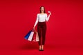 Full size photo elegant stunning trend girl lady shopping center client buy hold bags purchases enjoy pay debit card Royalty Free Stock Photo