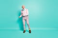Full size photo of excited crazy retired old man want enjoy vintage discotheque dace dancer wear pink bowtie shoes grey