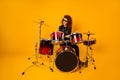 Full size photo of famous rocker redhair lady plays instruments beat hands drum sticks concert hobby bring money wear