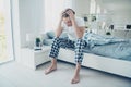 Full size photo of fatigue exhausted man have terrible migraine headache after party suffer hangover catch cold Royalty Free Stock Photo