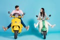 Full size photo of funky excited two people lady guy drive retro moped travelers avoid traffic jam easy way spread legs