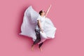 Full size photo of funny crazy lady jump high pillow between legs blanket flight moving ahead wear sleep mask white t Royalty Free Stock Photo