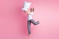 Full size photo of funny lady raise pillow fight good mood slumber girls night wear sleep mask white t-shirt checkered