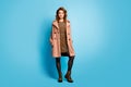 Full size photo of gorgeous elegant woman put hands pocket warm coat wear good look modern tights isolated over blue