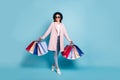 Full size photo of lovely funny girl on her weekends go shopping buy presents souvenirs wear vintage season coat denim Royalty Free Stock Photo