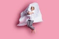 Full size photo of nice lady jump high hug pillow blanket flight slumber party girls night wear sleep mask white t-shirt