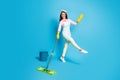 Full size photo of positive cheerful crazy worker cleaner girl wash floor mop wear pink shirt pants trousers latex Royalty Free Stock Photo