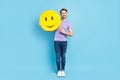 Full size photo of positive person indicate finger large emodji beaming smile isolated on blue color background