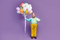 Full size photo shocked crazy fat man hold gift package air baloons whistle noisemaker wear teal turquoise shirt shoes