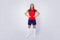 Full size photo soccer footballer world league player girl ready win match competition tournament wear red t-shirt blue