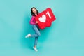 Full size photo of young attractive cute girl celebrating hold big paper red like symbol popular isolated on cyan color