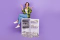 Full size photo of young funny business lady shrug shoulders surprised checkered jacket money safe box isolated on