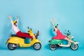 Full size profile photo of foolish lady guy couple drive two retro moped travelers easy way spread legs riding without Royalty Free Stock Photo