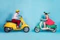Full size profile photo of funny lady guy couple drive retro moped travelers opposite see each other glad meeting