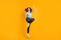 Full size profile photo of jumping high lady celebrate best achievement wear casual outfit isolated yellow background