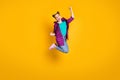 Full size profile photo of pretty crazy excited teen lady jump up good mood competition winning raise fists wear casual Royalty Free Stock Photo