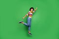 Full size profile side photo of funny funky afro american girl superhero concept jump fly motivation stretch arms fist