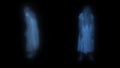 Full-size shot capturing two female figures, poltergeist, ghost silhouettes, hologram in front and side view. Black