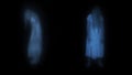 Full-size shot capturing two female figures, poltergeist, ghost silhouettes, hologram in front and side view. Black