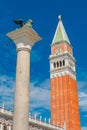 Full size view of Campanile Bell Tower at San Marco square in Venice, Italy, at sunny day and deep blue sky, with the central Royalty Free Stock Photo