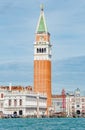 Full size view of Campanile Bell Tower at San Marco square in Venice, Italy, at sunny day and deep blue sky Royalty Free Stock Photo