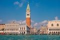 Full size view of Campanile Bell Tower at San Marco square in Venice, Italy, at sunny day and deep blue sky Royalty Free Stock Photo