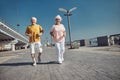 Sporty pensioners working out on the river bank