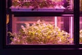 Full spectrum LED grow lights for lettuce and basil. Hydroponics and modern methods of growing plant Royalty Free Stock Photo