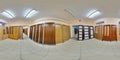 full spherical 360 degrees seamless panorama in interior wooden door store shop in equirectangular projection, VR content Royalty Free Stock Photo