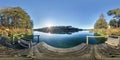 Full spherical hdri panorama 360 degrees angle view on wooden pier near lake in forest in evening in equirectangular projection Royalty Free Stock Photo