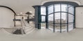 full spherical hdri 360 panorama view in empty modern hall near panoramic windows with columns, staircase and doors in Royalty Free Stock Photo