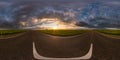 Full spherical seamless hdri panorama 360 degrees angle view on asphalt road among fields in summer evening sunset with awesome