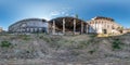 Full spherical seamless hdri panorama 360 degrees angle view concrete structures of abandoned ruined building of cement factory in