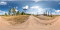 Full spherical seamless hdri panorama 360 degrees angle view on gravel road near mountain of crosses monument on hill in