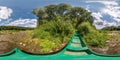 Full spherical seamless hdri panorama 360 degrees angle view on green wooden old boat on dry river bank near the forest in sunny Royalty Free Stock Photo