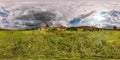 Full spherical seamless hdri panorama 360 degrees angle view near walls of abandoned ruined stone farm building with beautiful Royalty Free Stock Photo