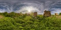 Full spherical seamless hdri panorama 360 degrees angle view near walls of abandoned ruined stone farm building with evening Royalty Free Stock Photo