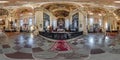 full spherical seamless hdri 360 panorama inside of catholic church, architectural monument of mannerism and baroque with arches