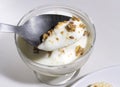 Full Spoon of homemade oatmeal granola and yogurt in a bowl. Healthy food. Concept of diet. Selective focus Royalty Free Stock Photo