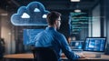 Full-stack developer working on cloud integration, coding in the background, modern software development process Cloud Integration