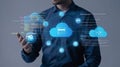 Full-stack developer working on cloud integration, coding in the background, modern software development process Cloud Integration