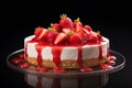 A full strawberry cheesecake with sauce topping and fresh strawberries on a glass plate against dark background