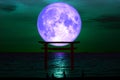 full sturgeon moon silhouette torii wooden Japanese pillar stand